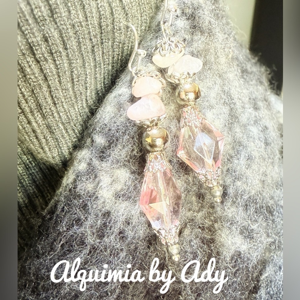 X-LONG Vintage style pink Quartz dangle earrings